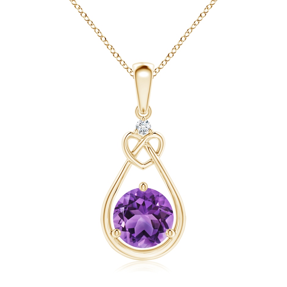 7mm AA Amethyst Knotted Heart Pendant with Diamond in Yellow Gold 