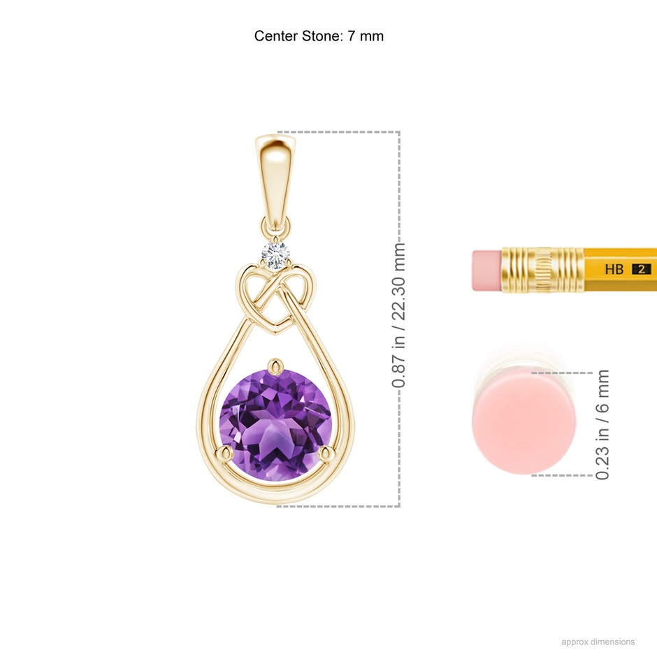 7mm AA Amethyst Knotted Heart Pendant with Diamond in Yellow Gold ruler