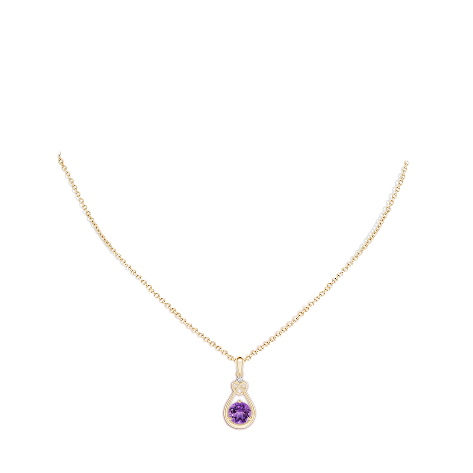 7mm AA Amethyst Knotted Heart Pendant with Diamond in Yellow Gold body-neck
