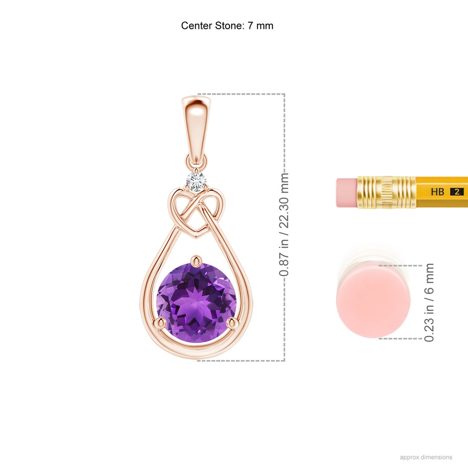 7mm AAA Amethyst Knotted Heart Pendant with Diamond in Rose Gold ruler
