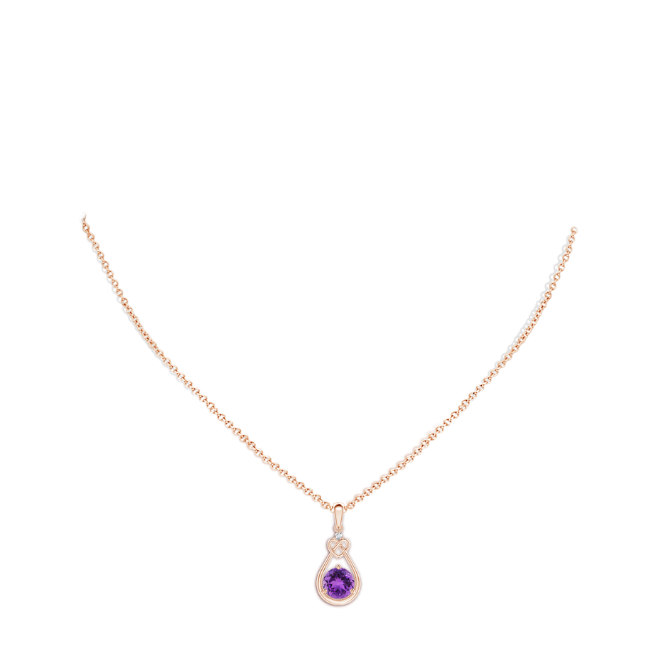 7mm AAA Amethyst Knotted Heart Pendant with Diamond in Rose Gold body-neck