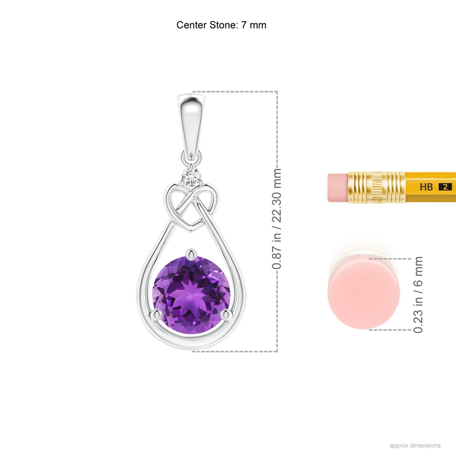 7mm AAA Amethyst Knotted Heart Pendant with Diamond in White Gold ruler