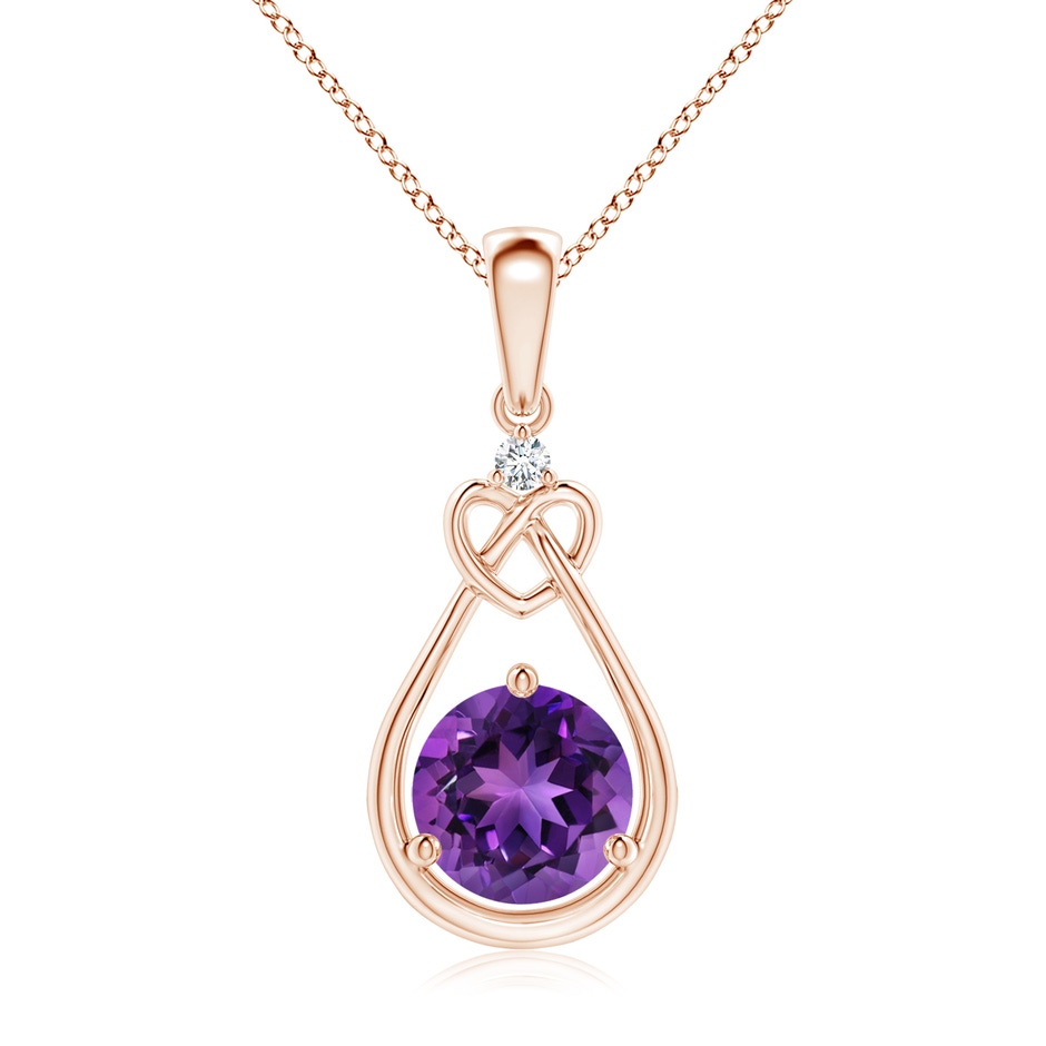 7mm AAAA Amethyst Knotted Heart Pendant with Diamond in Rose Gold 