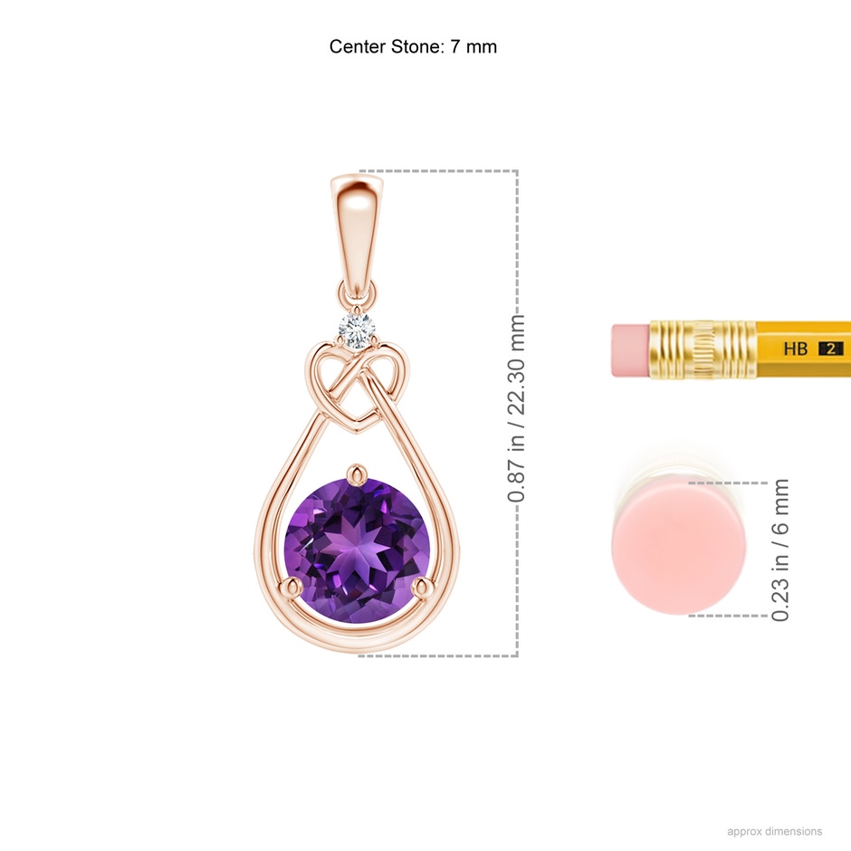 7mm AAAA Amethyst Knotted Heart Pendant with Diamond in Rose Gold ruler