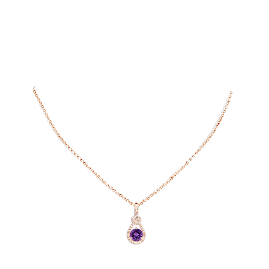 7mm AAAA Amethyst Knotted Heart Pendant with Diamond in Rose Gold body-neck