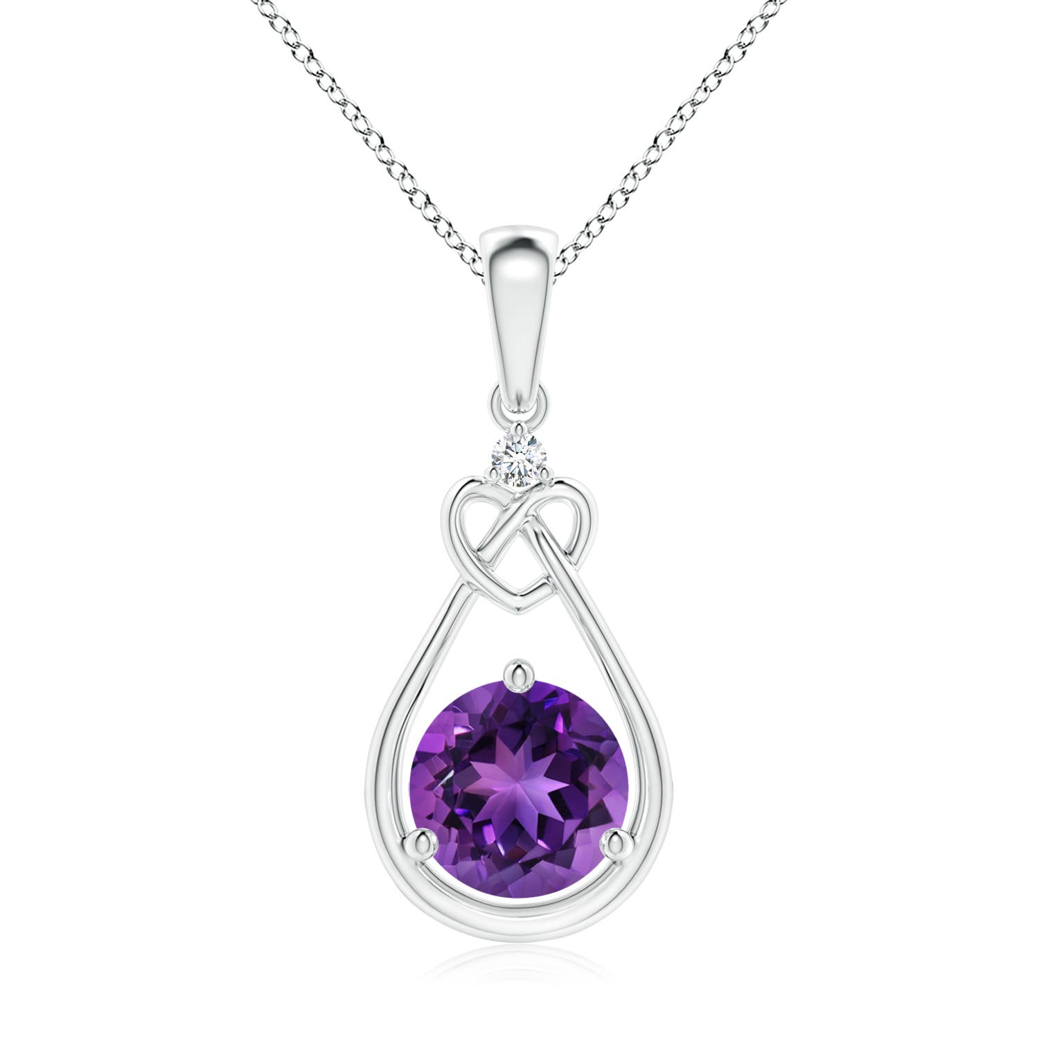 7mm AAAA Amethyst Knotted Heart Pendant with Diamond in S999 Silver