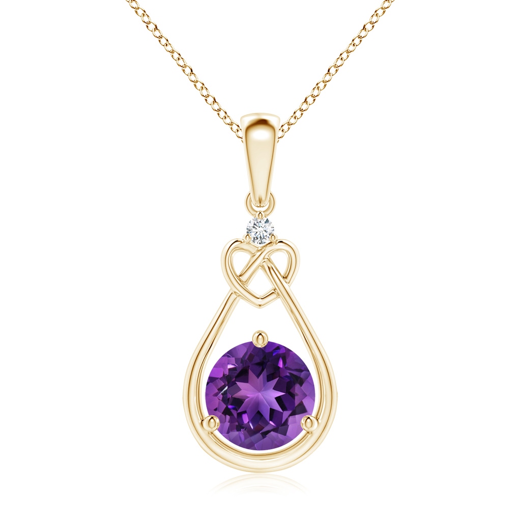 7mm AAAA Amethyst Knotted Heart Pendant with Diamond in Yellow Gold