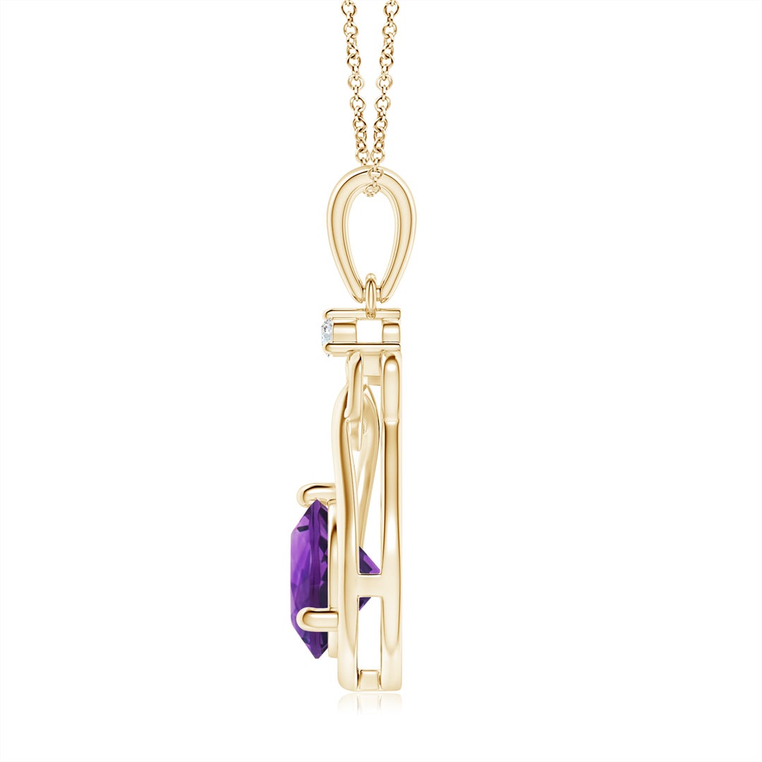 7mm AAAA Amethyst Knotted Heart Pendant with Diamond in Yellow Gold - side 2