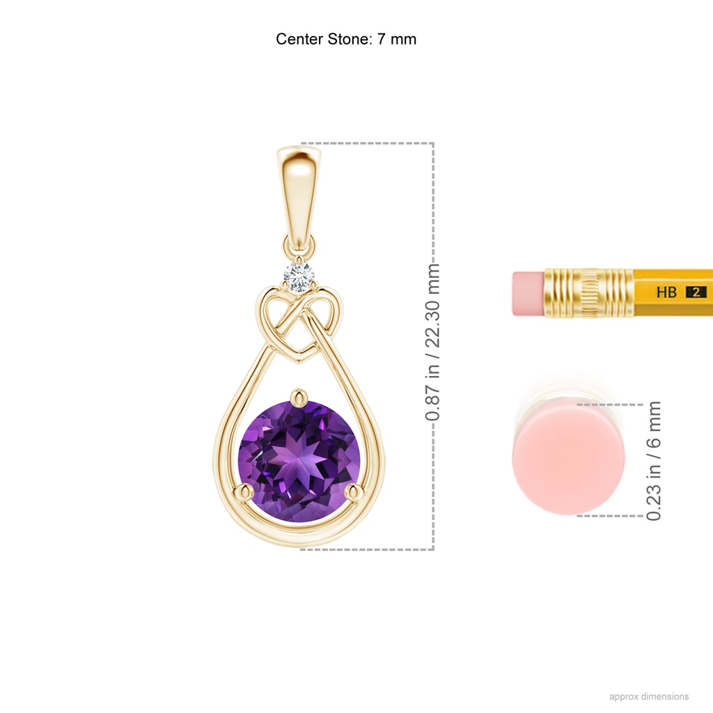 7mm AAAA Amethyst Knotted Heart Pendant with Diamond in Yellow Gold Ruler