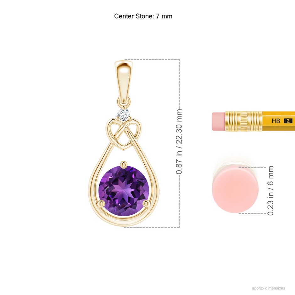 7mm AAAA Amethyst Knotted Heart Pendant with Diamond in Yellow Gold ruler