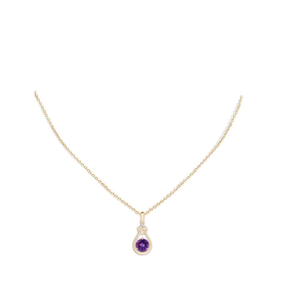 7mm AAAA Amethyst Knotted Heart Pendant with Diamond in Yellow Gold body-neck