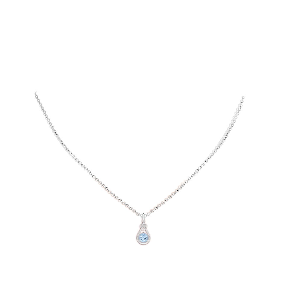 5mm AA Aquamarine Knotted Heart Pendant with Diamond in White Gold body-neck