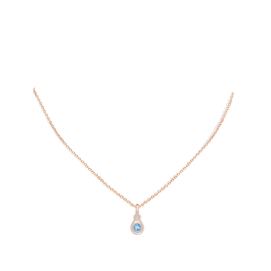5mm AAA Aquamarine Knotted Heart Pendant with Diamond in Rose Gold body-neck