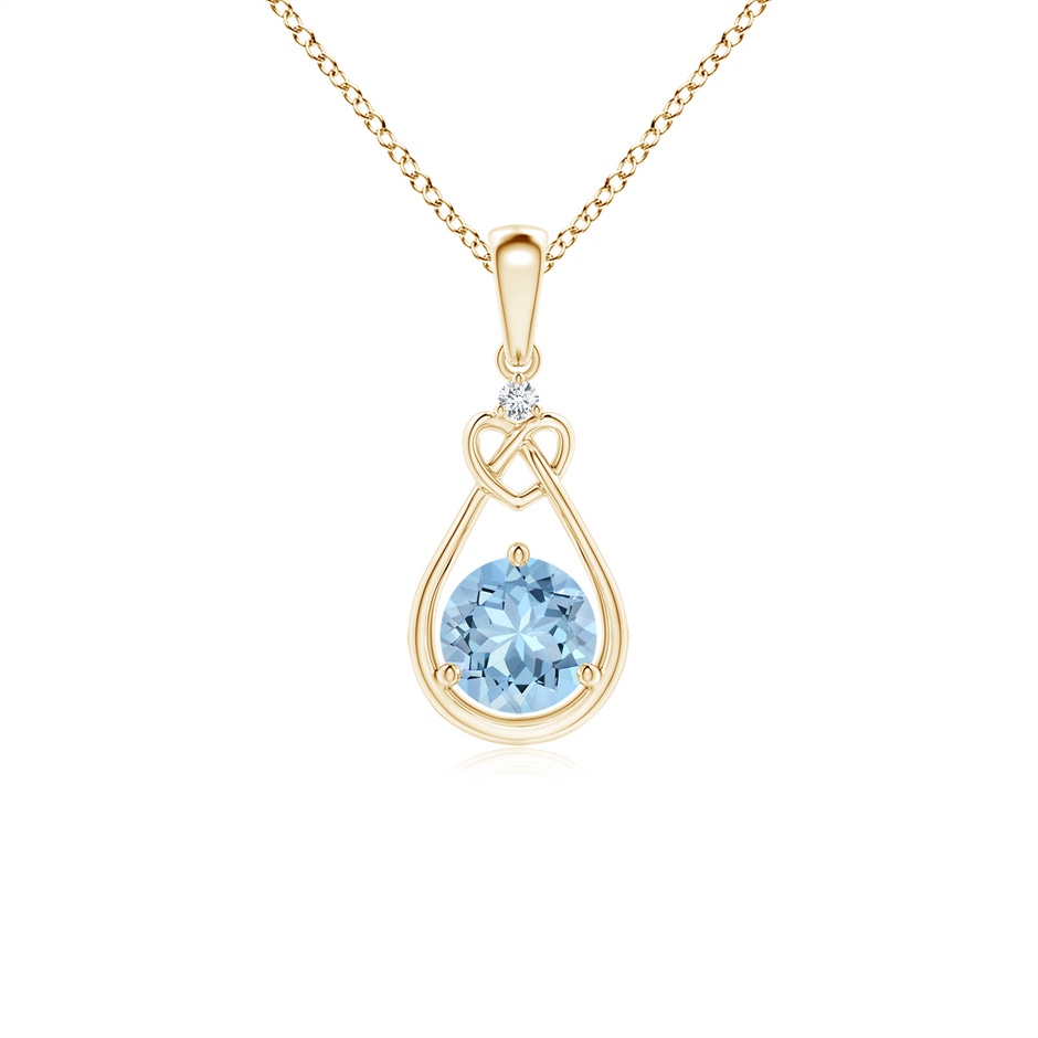 5mm AAA Aquamarine Knotted Heart Pendant with Diamond in Yellow Gold 