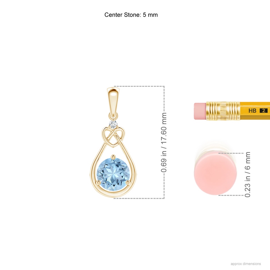 5mm AAA Aquamarine Knotted Heart Pendant with Diamond in Yellow Gold ruler