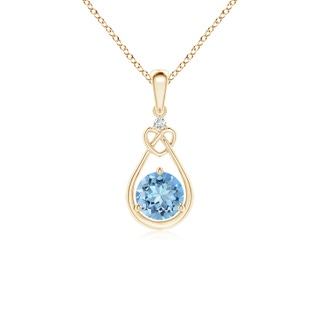 5mm AAAA Aquamarine Knotted Heart Pendant with Diamond in Yellow Gold