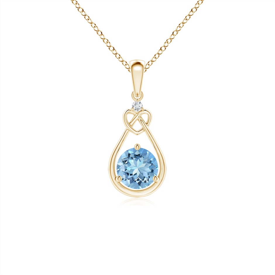 5mm AAAA Aquamarine Knotted Heart Pendant with Diamond in Yellow Gold 