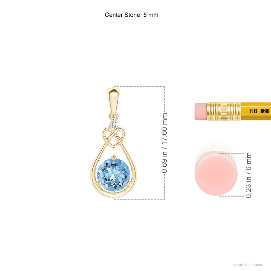 5mm AAAA Aquamarine Knotted Heart Pendant with Diamond in Yellow Gold ruler