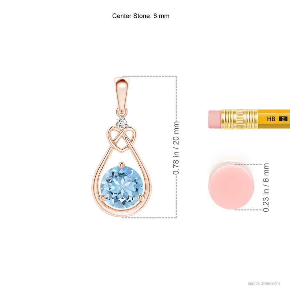 6mm AAAA Aquamarine Knotted Heart Pendant with Diamond in Rose Gold ruler