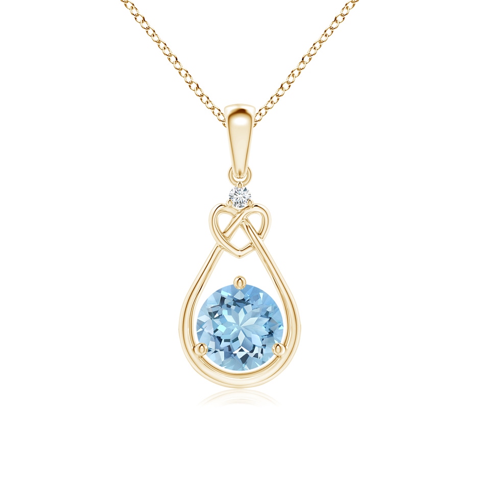 6mm AAAA Aquamarine Knotted Heart Pendant with Diamond in Yellow Gold 