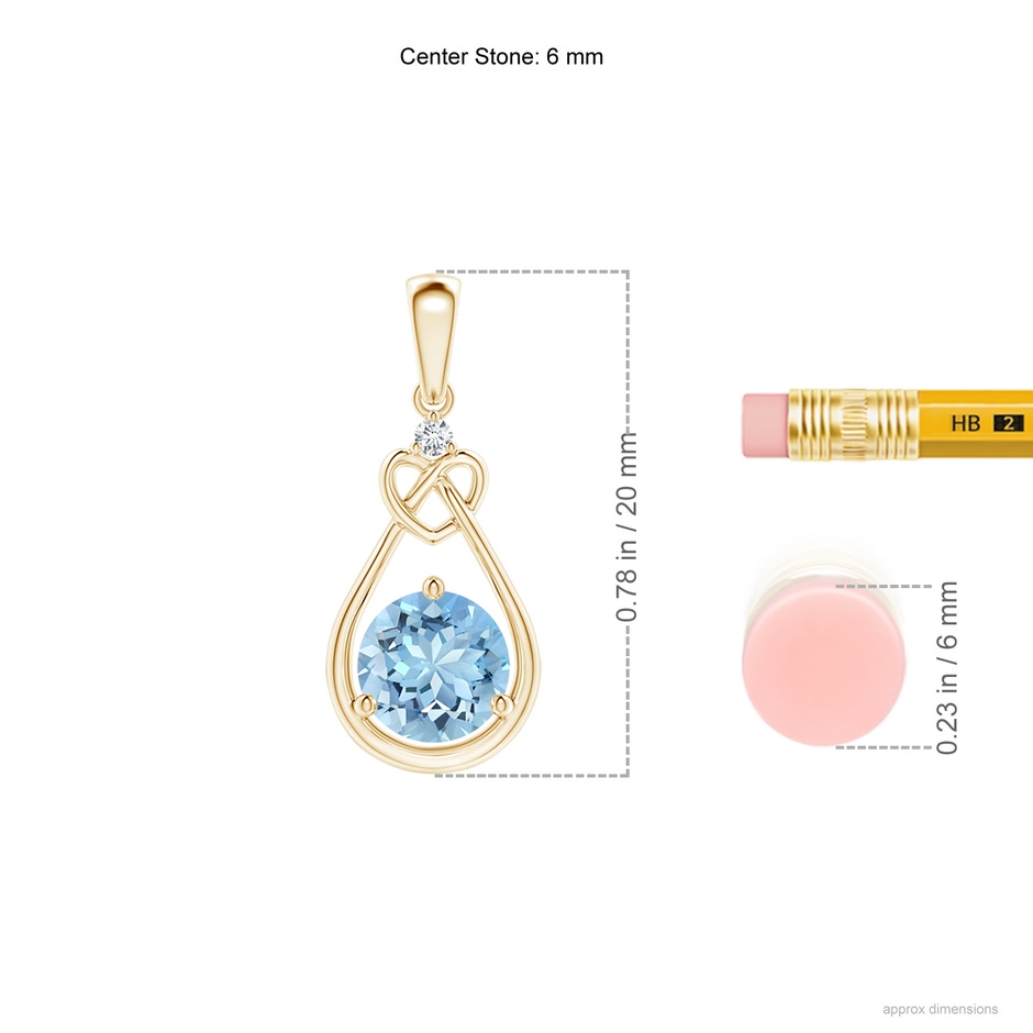 6mm AAAA Aquamarine Knotted Heart Pendant with Diamond in Yellow Gold ruler
