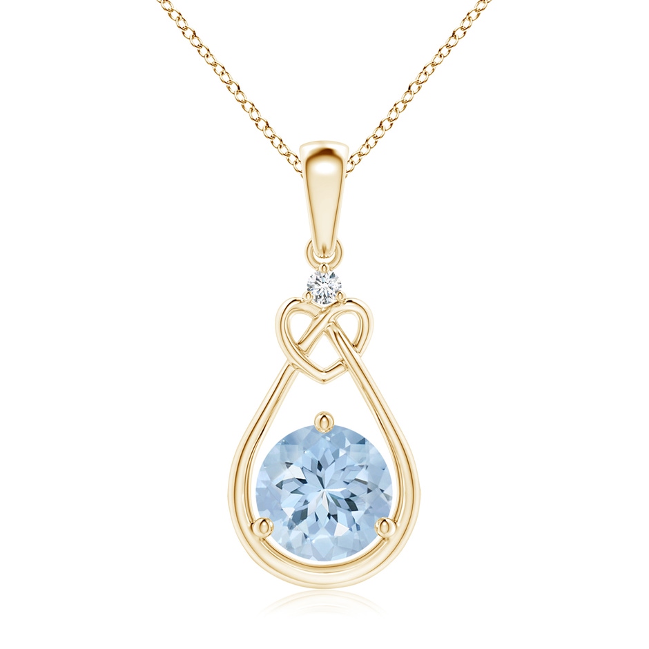 7mm AA Aquamarine Knotted Heart Pendant with Diamond in Yellow Gold 