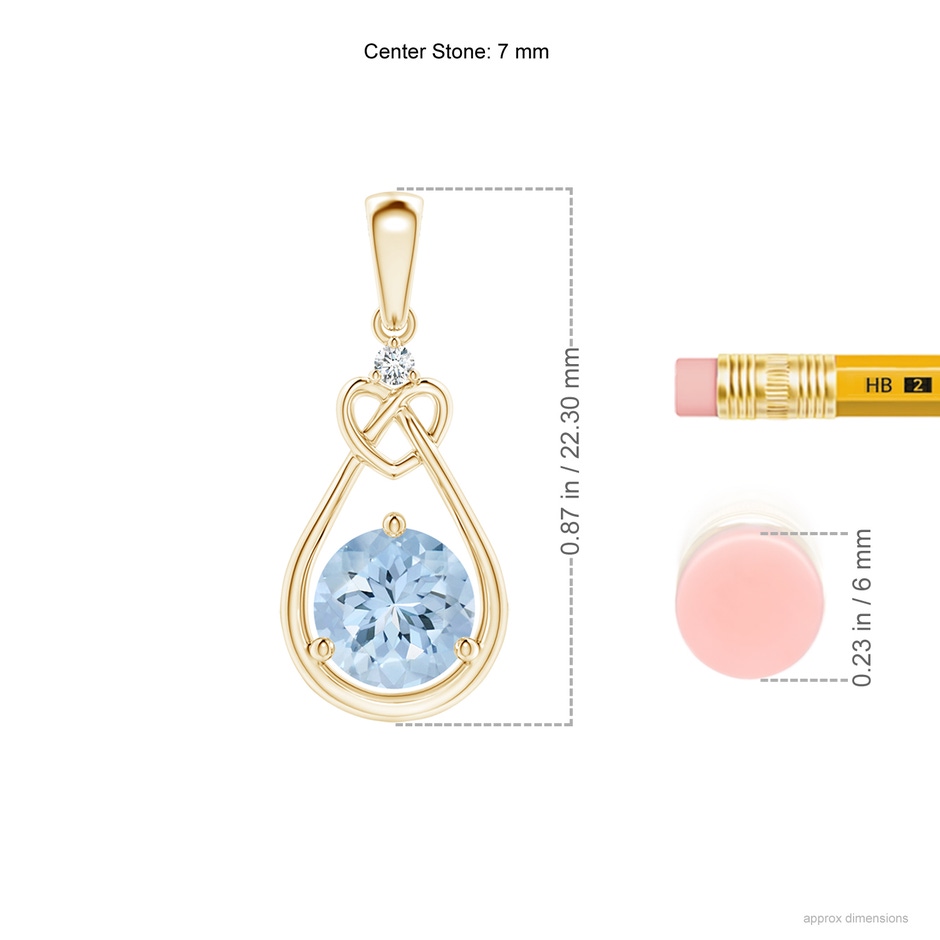 7mm AA Aquamarine Knotted Heart Pendant with Diamond in Yellow Gold ruler