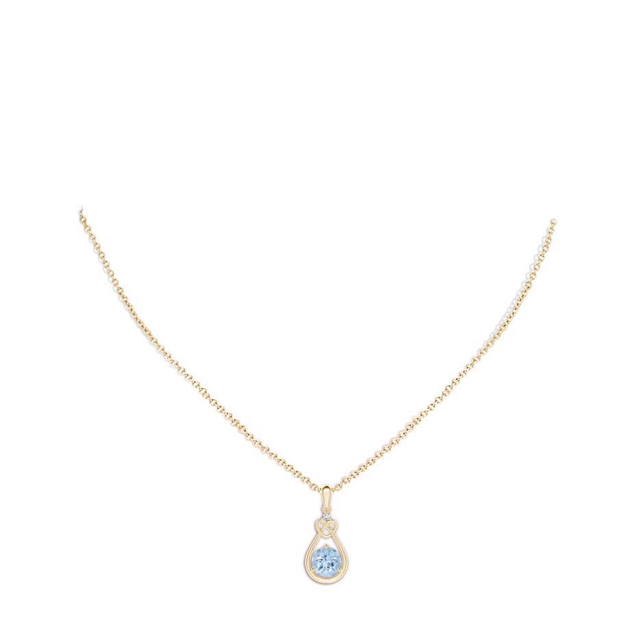 7mm AA Aquamarine Knotted Heart Pendant with Diamond in Yellow Gold body-neck