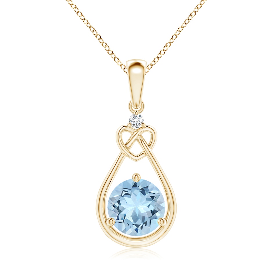 7mm AAA Aquamarine Knotted Heart Pendant with Diamond in Yellow Gold 