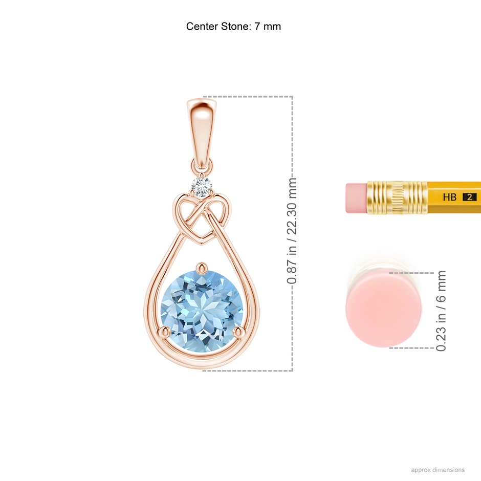 7mm AAAA Aquamarine Knotted Heart Pendant with Diamond in Rose Gold ruler