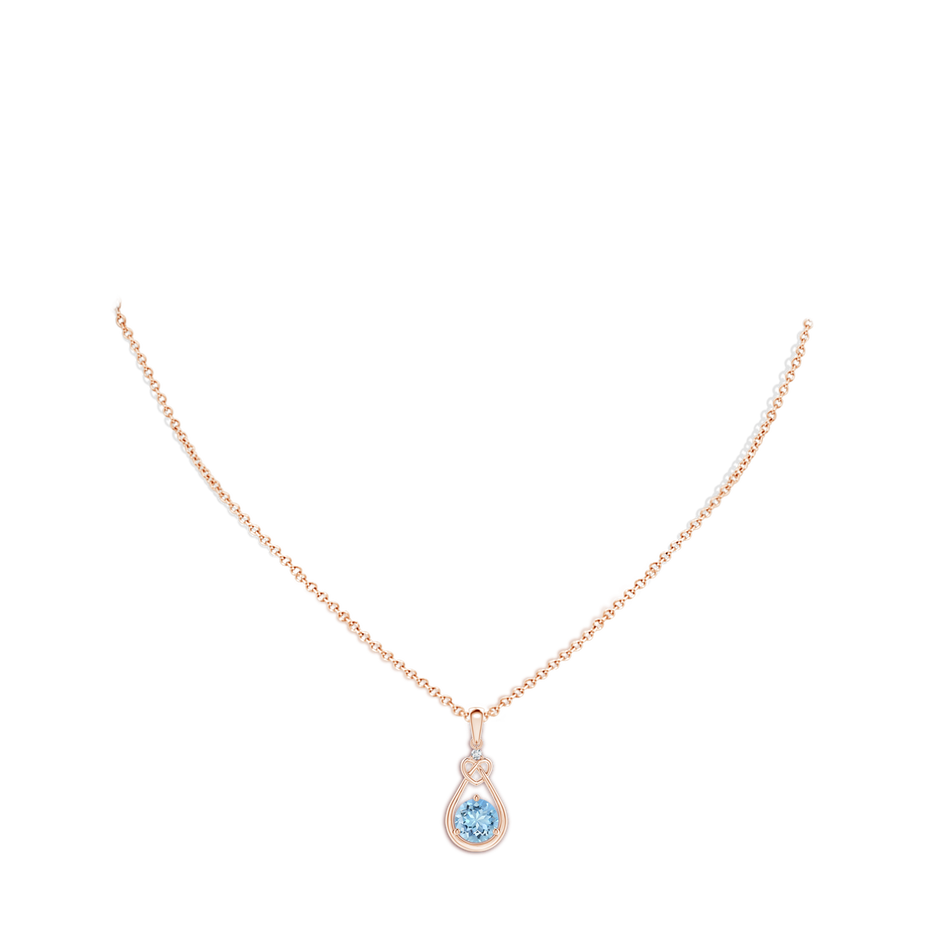 7mm AAAA Aquamarine Knotted Heart Pendant with Diamond in Rose Gold body-neck