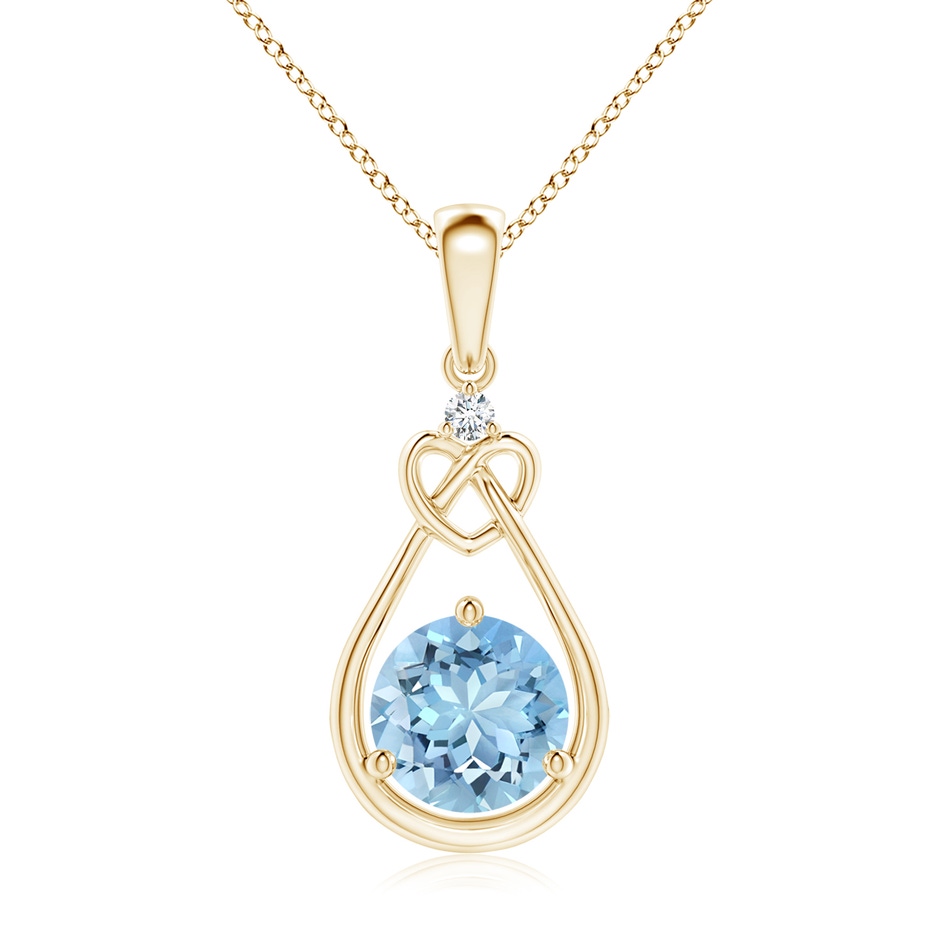 7mm AAAA Aquamarine Knotted Heart Pendant with Diamond in Yellow Gold 