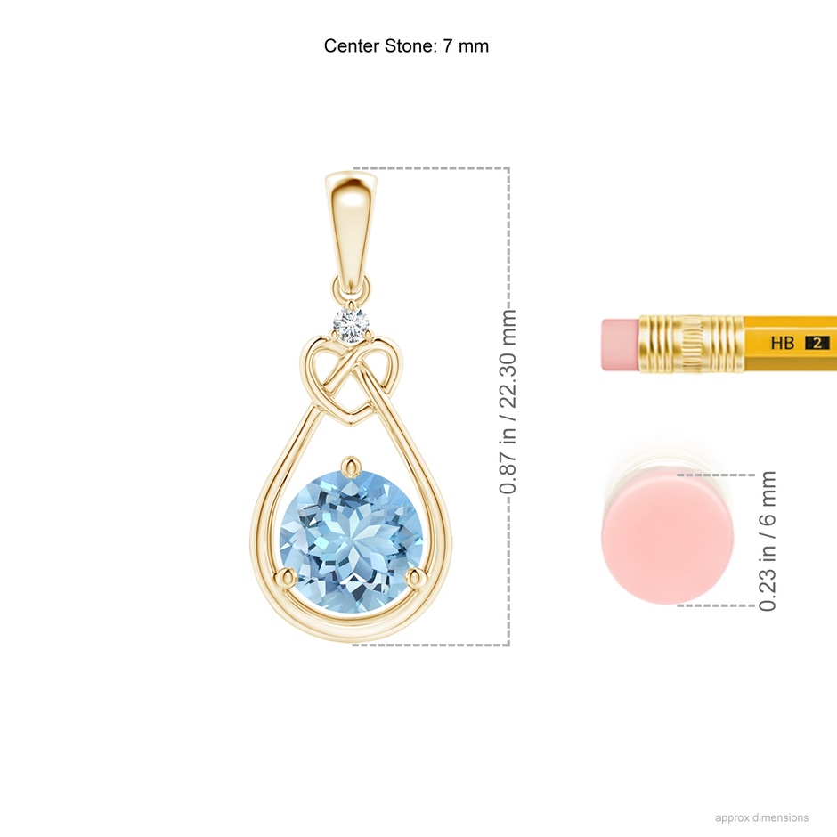 7mm AAAA Aquamarine Knotted Heart Pendant with Diamond in Yellow Gold ruler