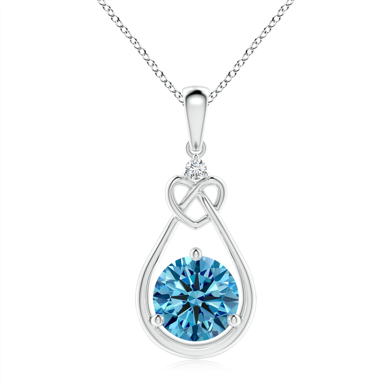 8mm AAAA Fancy Intense Blue Diamond Knotted Heart Pendant in 18K White Gold