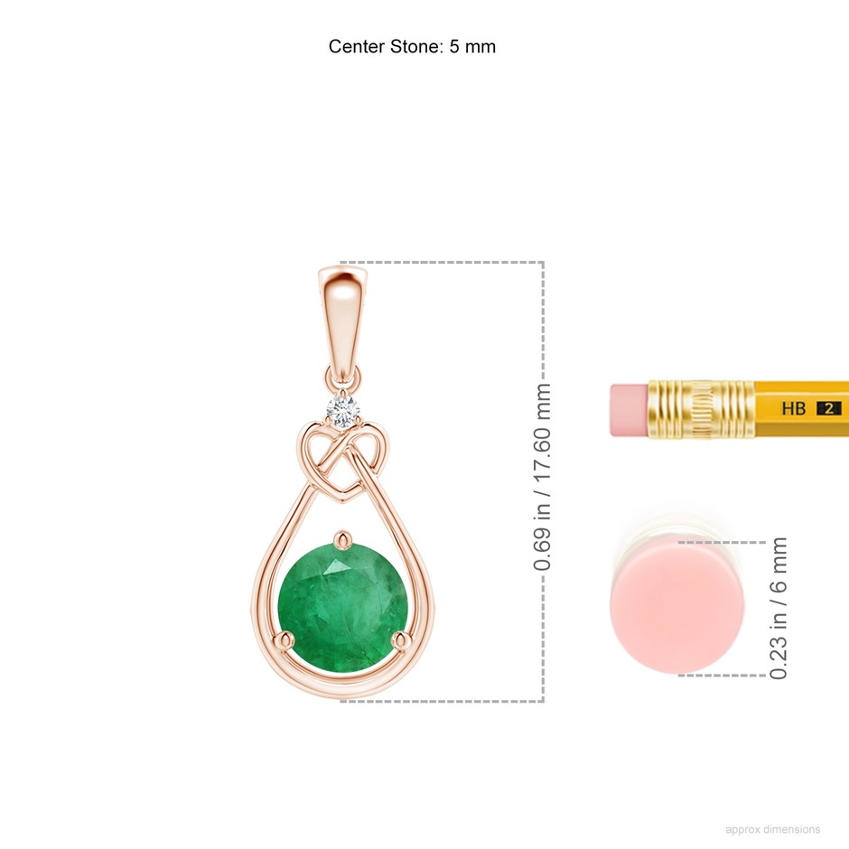 5mm A Emerald Knotted Heart Pendant with Diamond in Rose Gold ruler