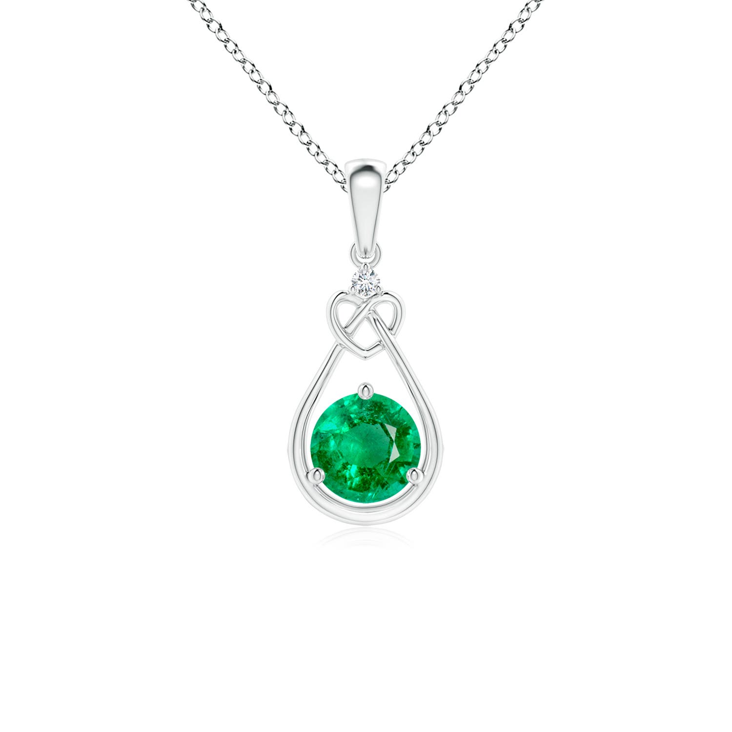 5mm AAA Emerald Knotted Heart Pendant with Diamond in 18CT White Gold
