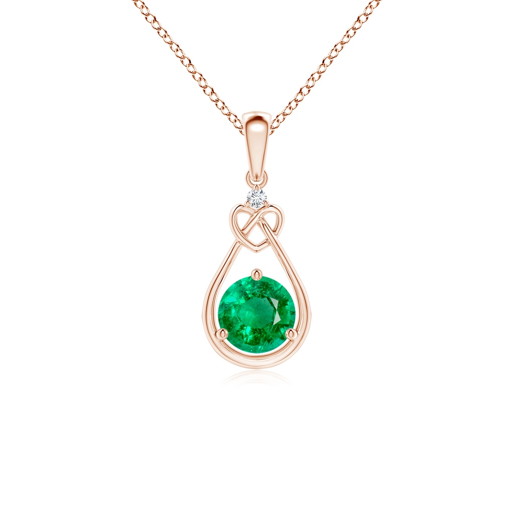 5mm AAA Emerald Knotted Heart Pendant with Diamond in Rose Gold 