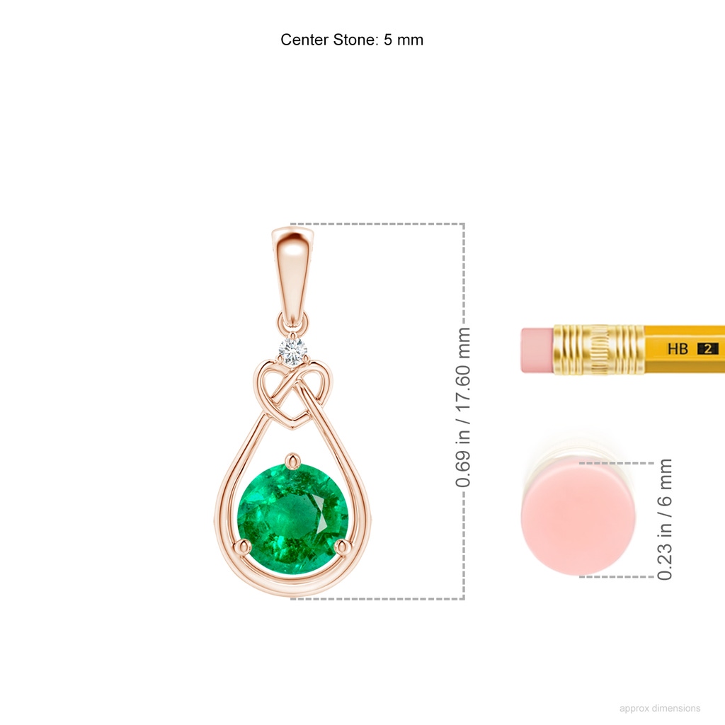 5mm AAA Emerald Knotted Heart Pendant with Diamond in Rose Gold ruler