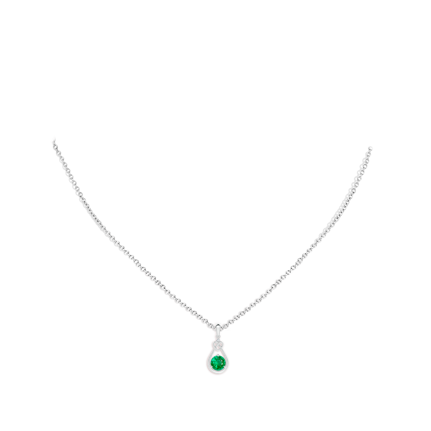 5mm AAA Emerald Knotted Heart Pendant with Diamond in White Gold - body_neck