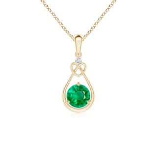 5mm AAA Emerald Knotted Heart Pendant with Diamond in Yellow Gold