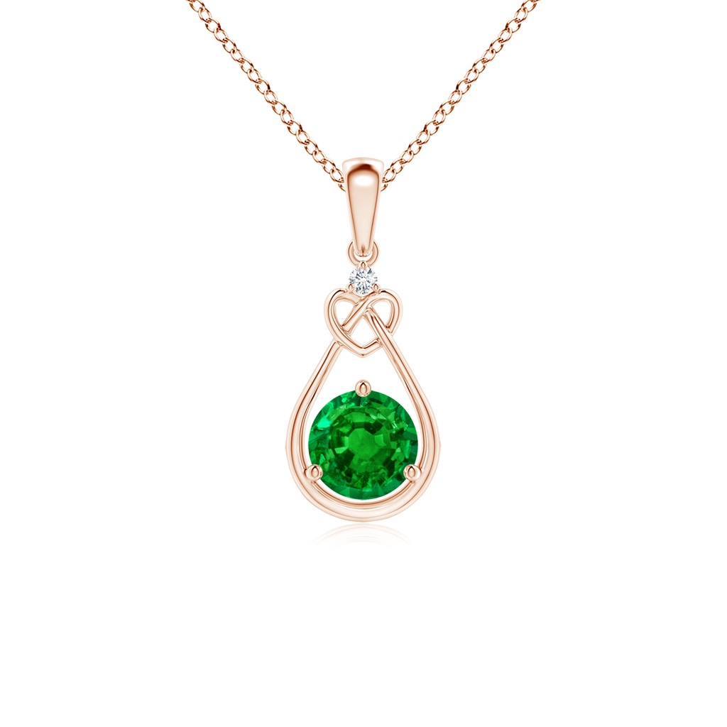 5mm AAAA Emerald Knotted Heart Pendant with Diamond in Rose Gold