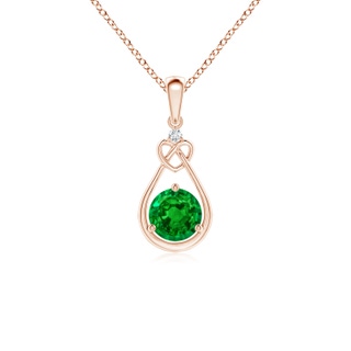 5mm AAAA Emerald Knotted Heart Pendant with Diamond in Rose Gold