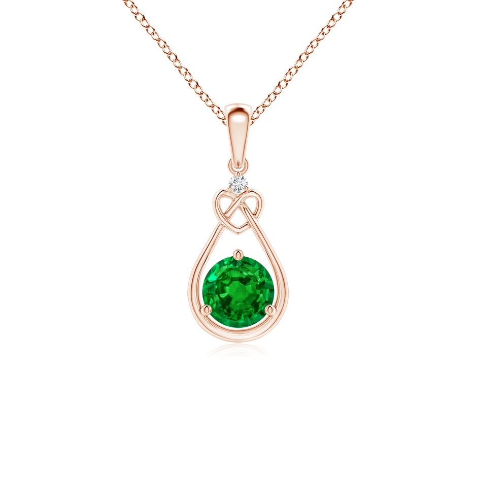 5mm AAAA Emerald Knotted Heart Pendant with Diamond in Rose Gold 