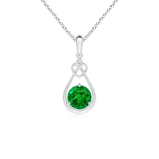 5mm AAAA Emerald Knotted Heart Pendant with Diamond in White Gold