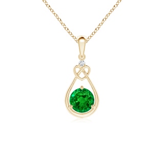 5mm AAAA Emerald Knotted Heart Pendant with Diamond in Yellow Gold