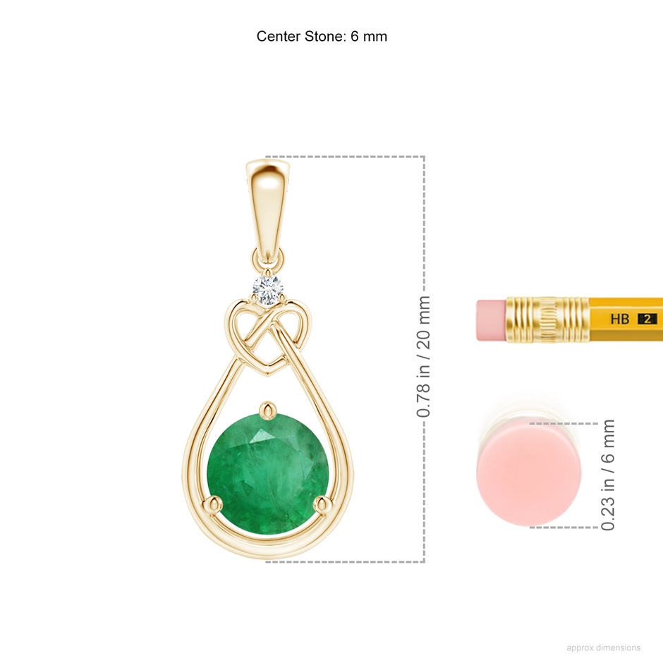 6mm A Emerald Knotted Heart Pendant with Diamond in Yellow Gold ruler