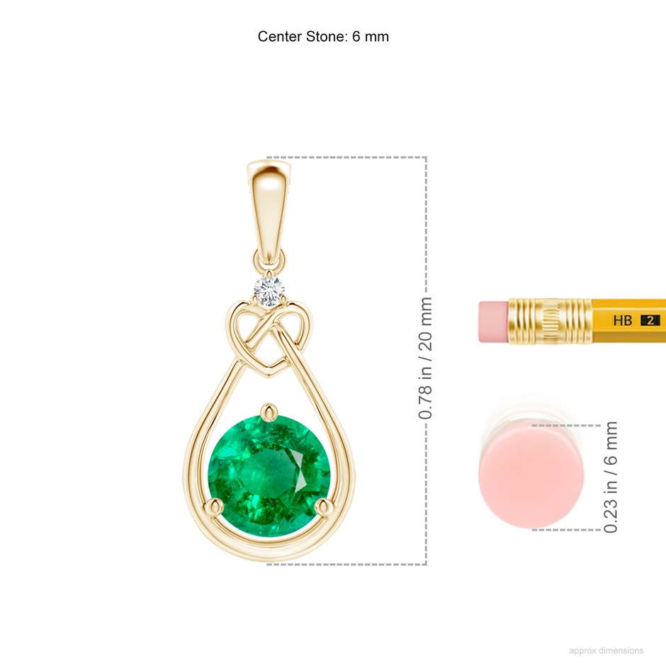 6mm AAA Emerald Knotted Heart Pendant with Diamond in Yellow Gold ruler