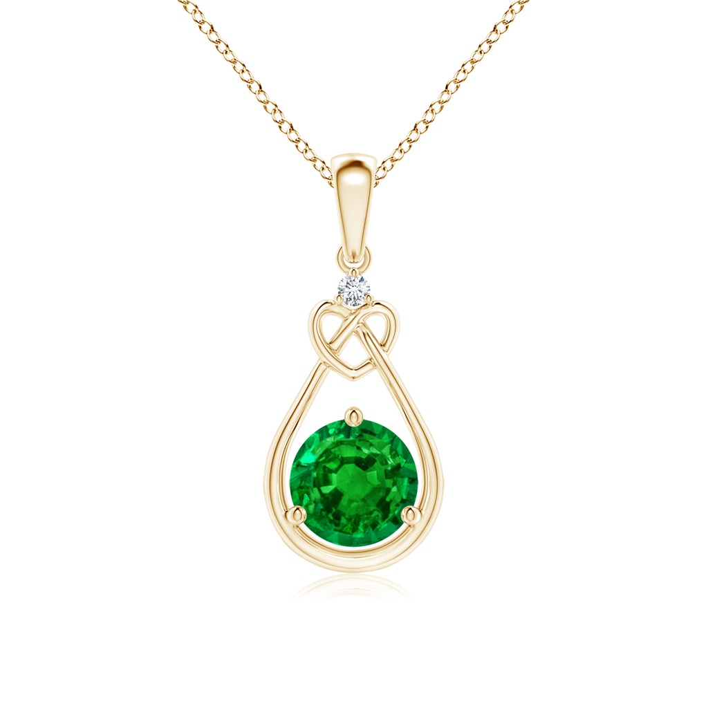 6mm AAAA Emerald Knotted Heart Pendant with Diamond in 9K Yellow Gold