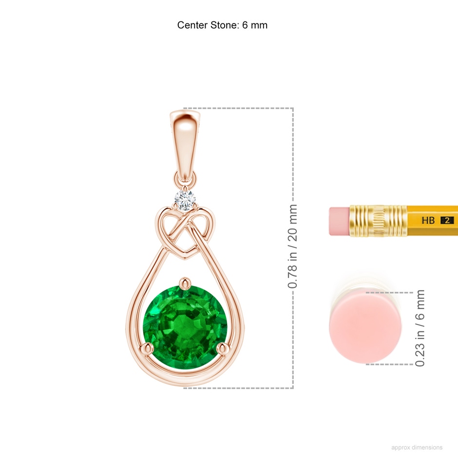 6mm AAAA Emerald Knotted Heart Pendant with Diamond in Rose Gold ruler