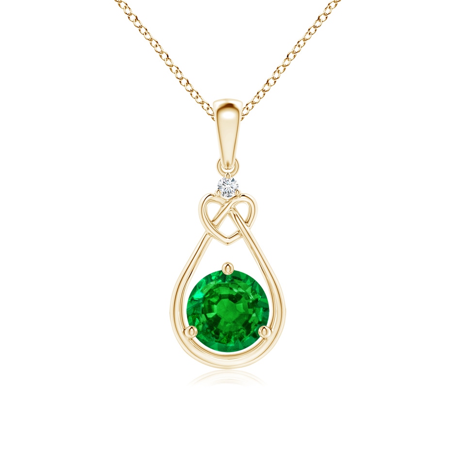 6mm AAAA Emerald Knotted Heart Pendant with Diamond in Yellow Gold 